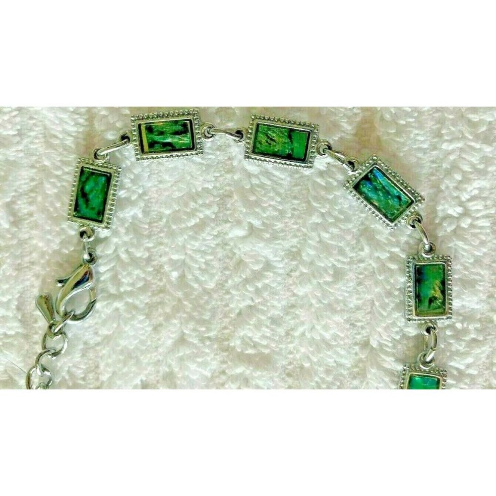 ABALONE PANEL SILVER TONE BRACELET 8.5" ADJUSTABLE RECTANGULAR SHAPED LINKS ~ D7 - Picture 2 of 3